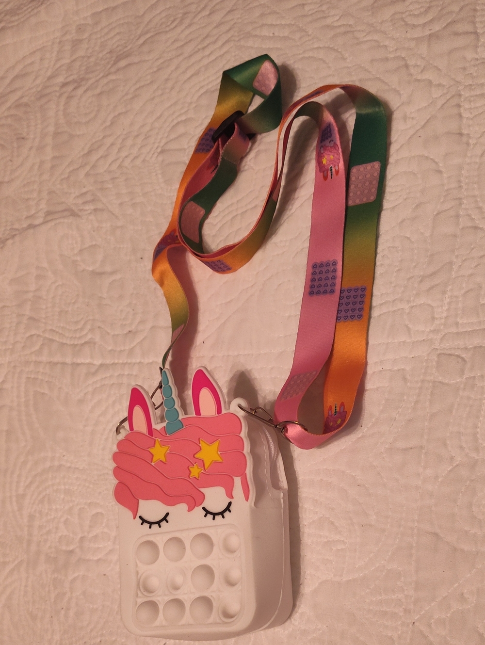 Kids Unicorn Pop-It Crossbody Bag with Rainbow Lanyard - Pink/White